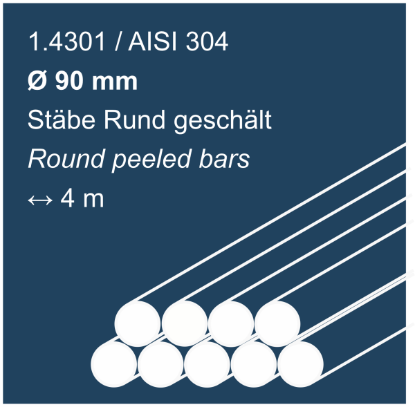 Edelstahlstäbe rund geschält aus 1.4301 (304), 90mm Durchmesser, 4000 mm lang, auf dunkelblauem Hintergrund abgebildet
